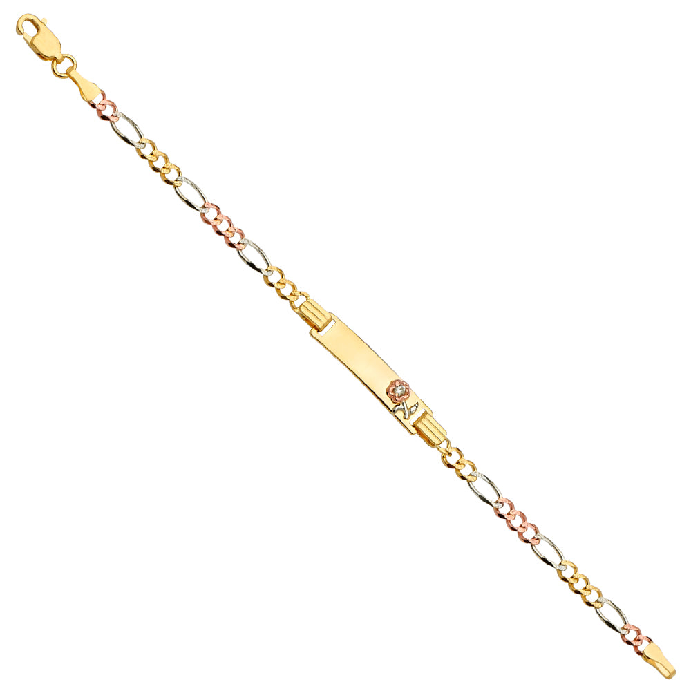 14KT REAL GOLD TRICOLOR FIGARO LINK BABY ID BRACELET