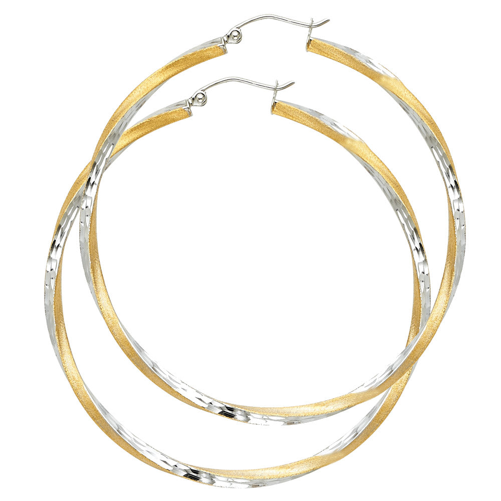 14K YELLOW GOLD TWO-TONE TWISTED HOOP EARRING FOR WOMEN