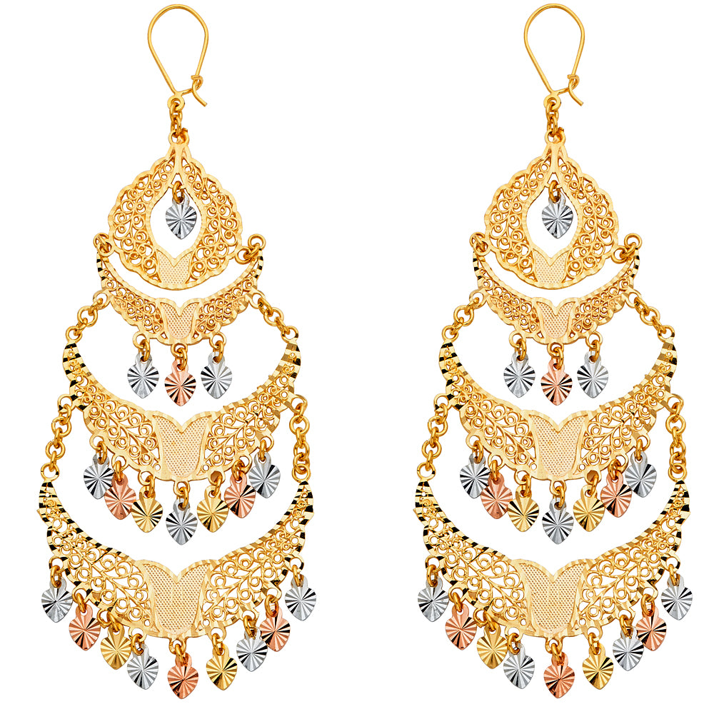 14KT REAL GOLD TRICOLOR CHANDELIER EARRINGS