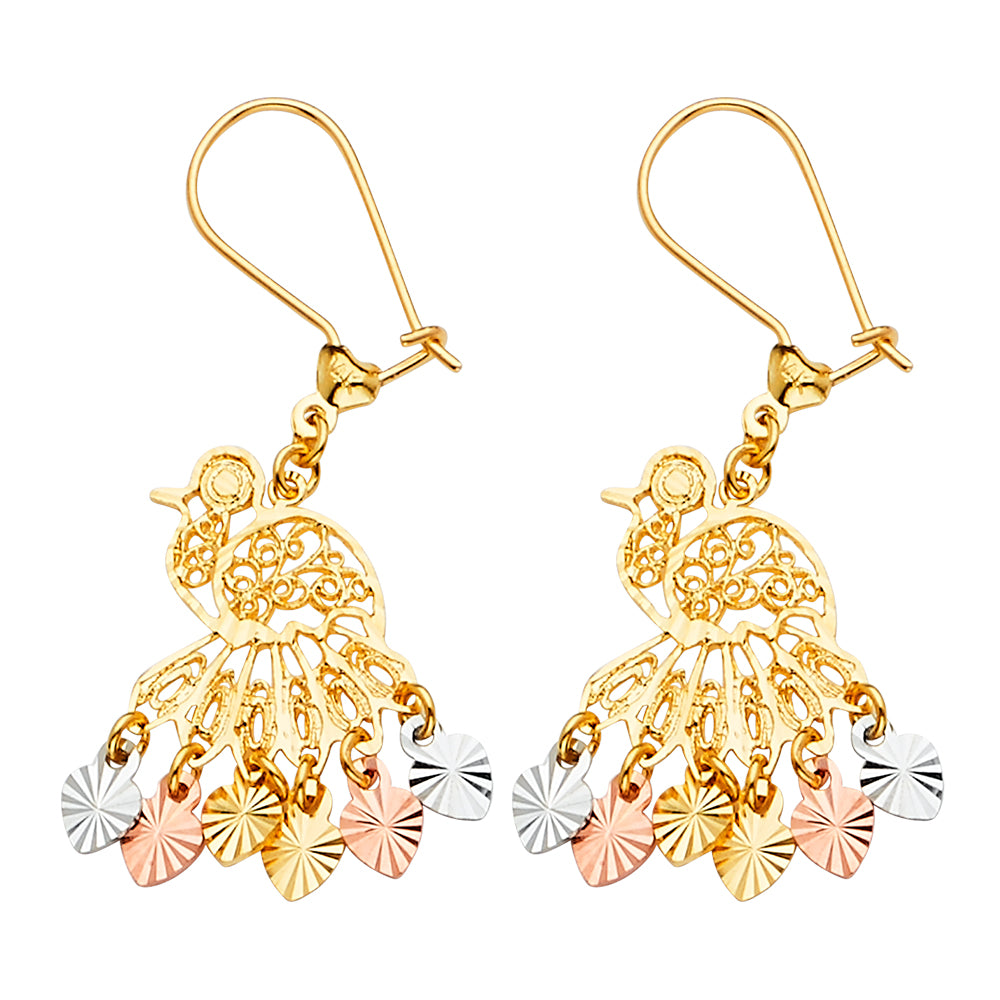 14KT REAL GOLD PEACOCK CHANDELIER EARRINGS