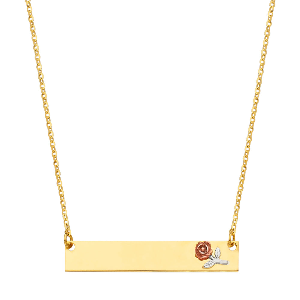 14KT REAL GOLD ID PLATE NECKLACE WITH ROSE FOR WOMEN