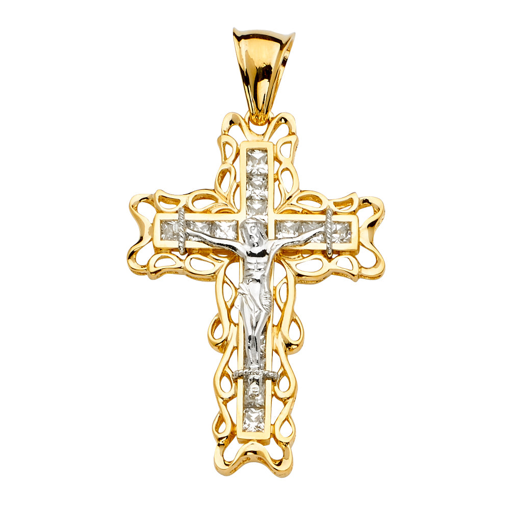 14KT REAL GOLD TWO-TONE CRUCIFIX PENDANT