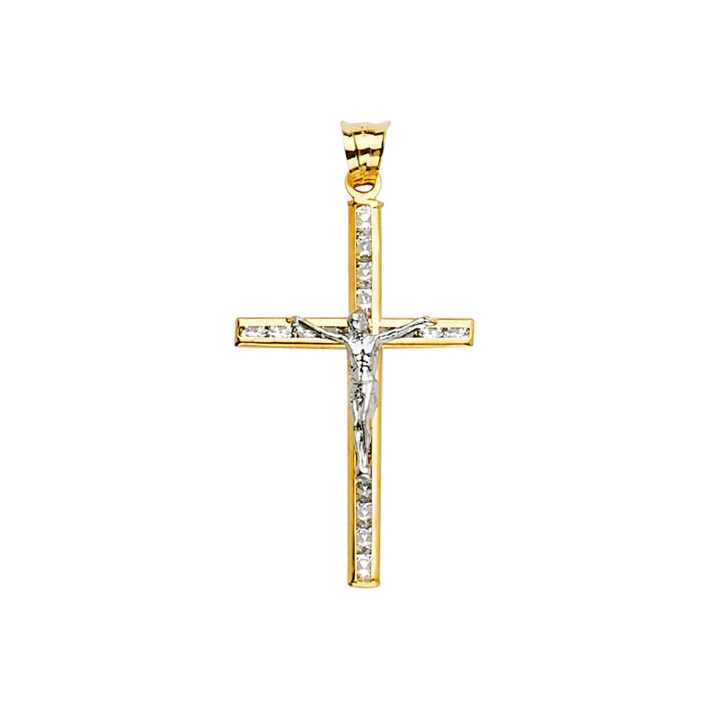 A 14kt real gold crucifix with a white gold Jesus and shimmering cubic zirconia stones.