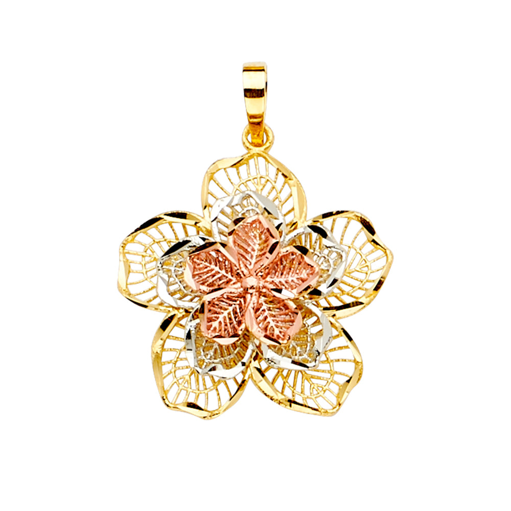 14KT REAL GOLD TRICOLOR FILIGREE FLOWER PENDANT