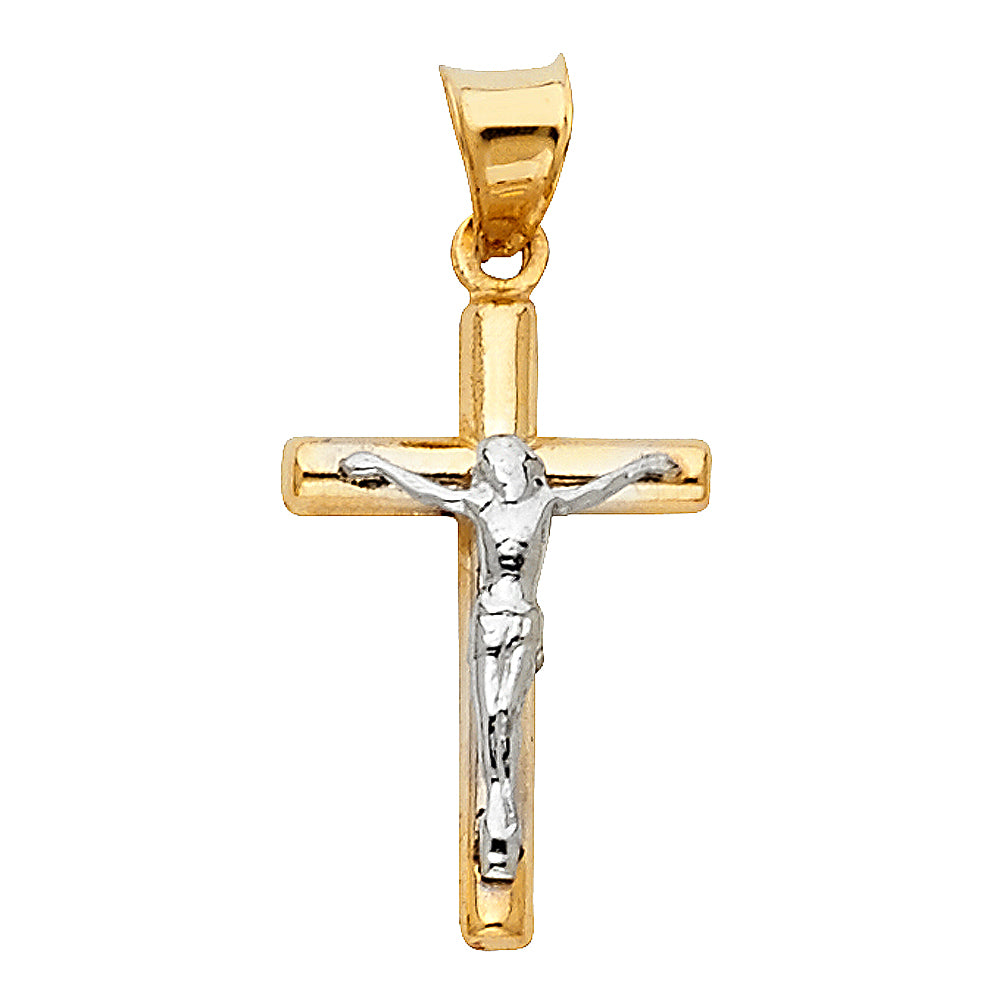 A 14kt gold-plated cross pendant with Jesus image, featuring a loop for attachment.