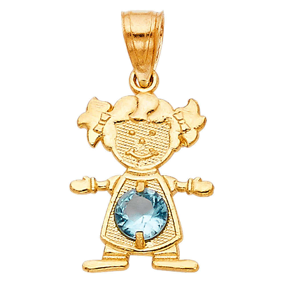 14KT REAL GOLD GIRL PENDANT WITH MARCH BIRTH STONE