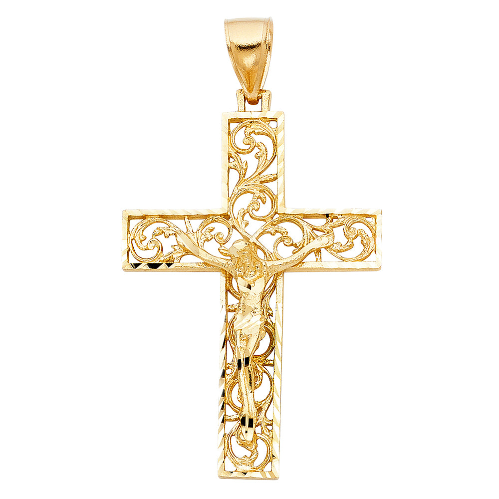 14KT REAL GOLD CRUCIFIX PENDANT WITH FILIGREE PATTERN