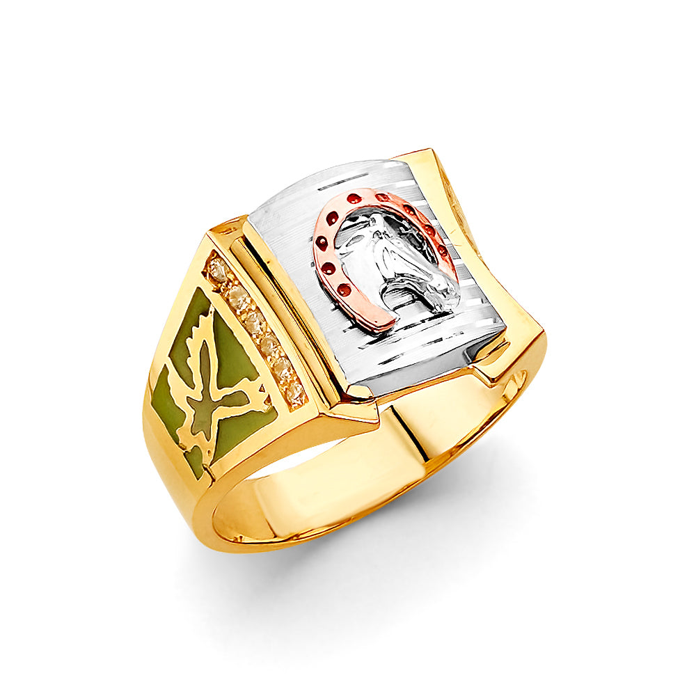 14KT REAL GOLD HORSE HOE CZ STONE RING FOR MEN