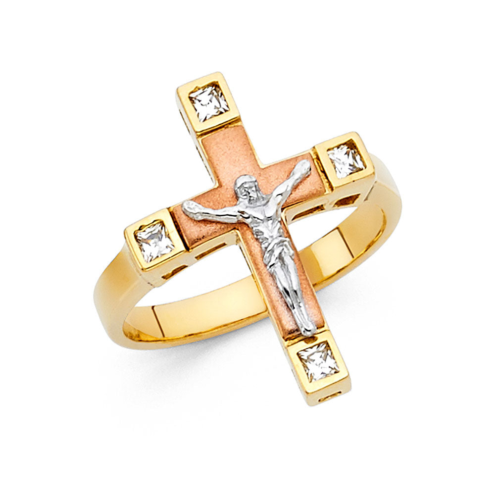 14KT REAL GOLD TRICOLOR UNISEX CRUCIFIX RING