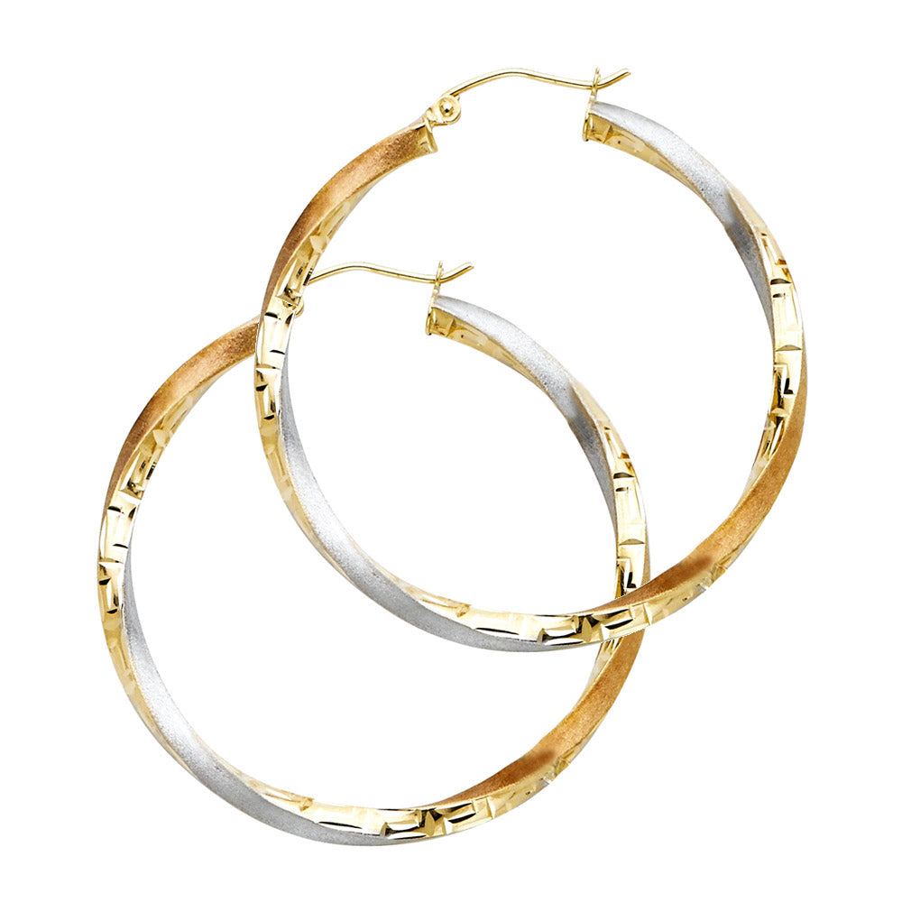 14KT REAL GOLD TWISTED HOOP EARRING FOR WOMEN IN TRIO COLOR