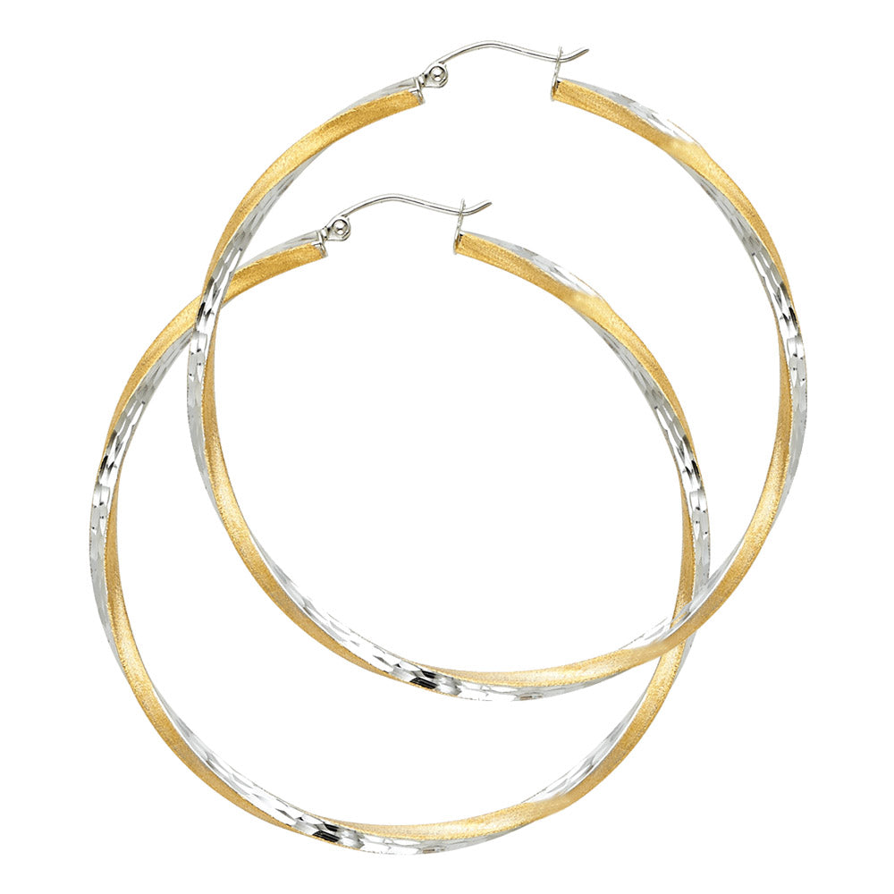 14K YELLOW GOLD TWO-TONE TWISTED HOOP EARRING FOR WOMEN