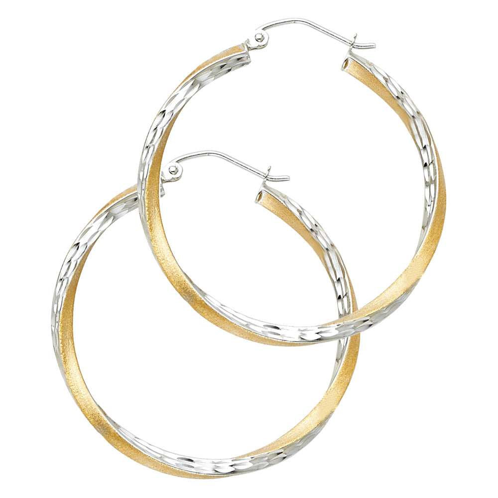 14K YELLOW GOLD TWO-TONE TWISTED HOOP EARRING FOR WOMEN