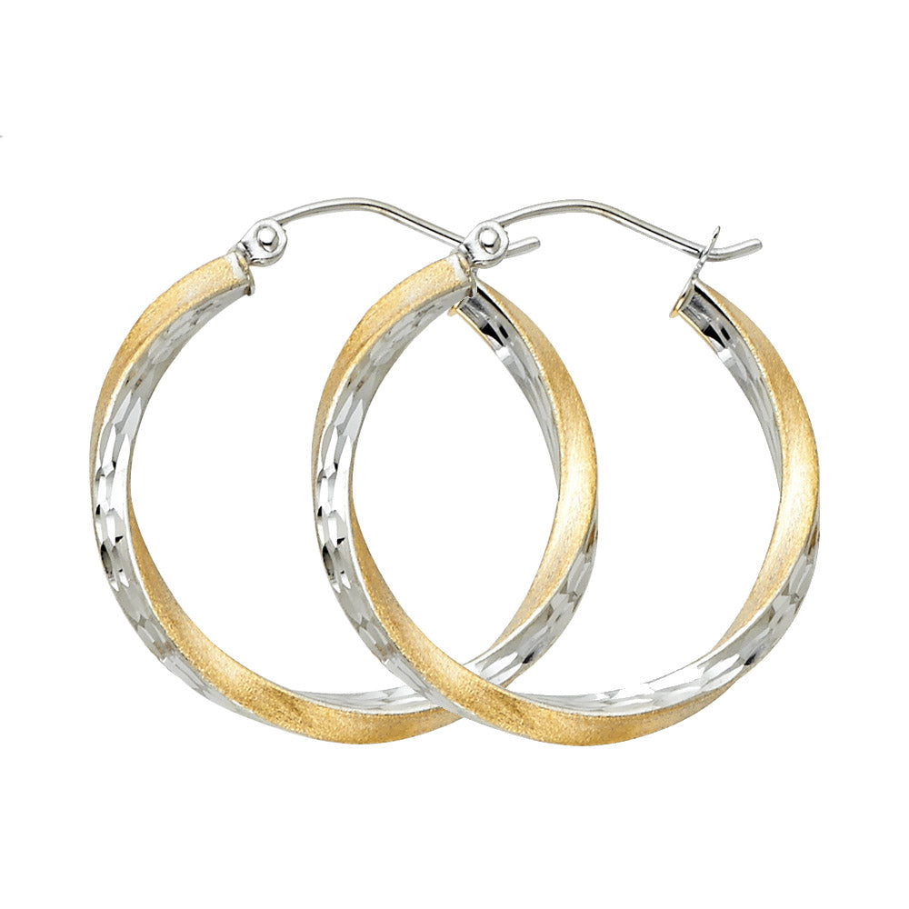 14K YELLOW GOLD TWO-TONE TWISTED HOOP EARRING FOR WOMEN