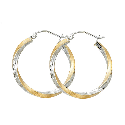 14K YELLOW GOLD TWO-TONE TWISTED HOOP EARRING FOR WOMEN