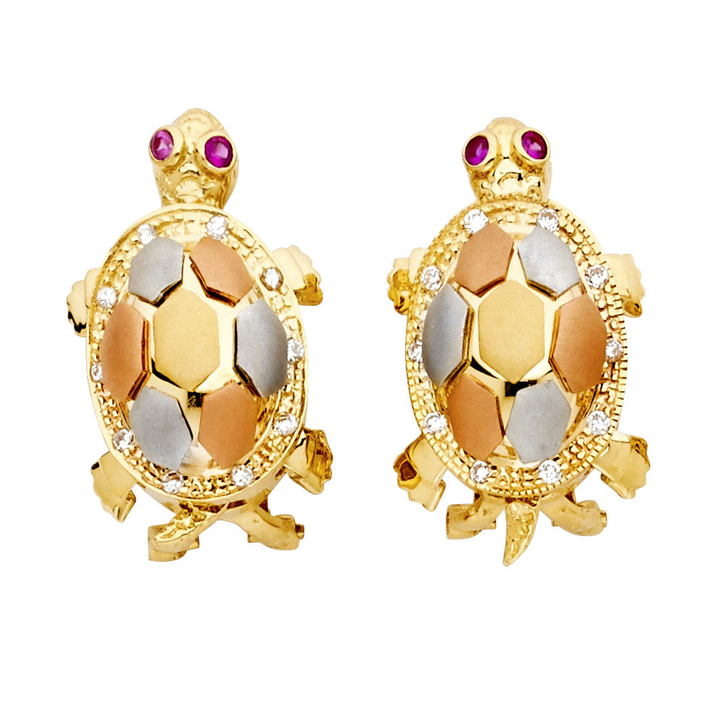 14KT REAL GOLD TURTLE TRICOLOR EARRINGS WITH PUSH BACK