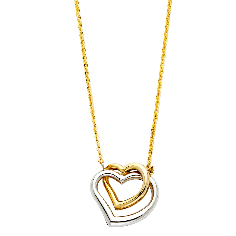 14KT REAL GOLD TWO TONE DOUBLE HEART ADJUSTABLE NECKLACE FOR WOMEN