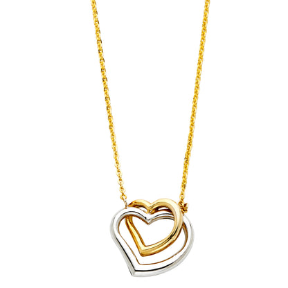 14KT REAL GOLD TWO TONE DOUBLE HEART ADJUSTABLE NECKLACE FOR WOMEN
