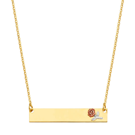 14KT REAL GOLD ID PLATE NECKLACE WITH ROSE FOR WOMEN