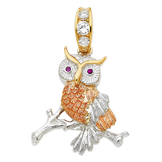 14KT REAL GOLD TRICOLOR OWL PENDANT