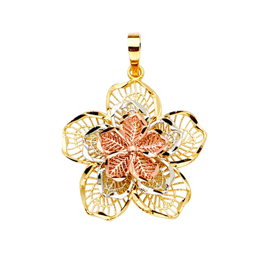 14KT REAL GOLD TRICOLOR FILIGREE FLOWER PENDANT