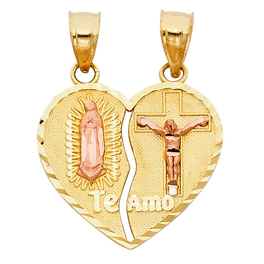 14KT REAL GOLD VIRGIN MARY AND JESUS HEART PENDANT