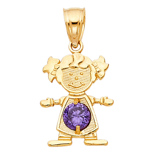 14KT REAL GOLD GIRL PENDANT WITH FEBRUARY BIRTH STONE