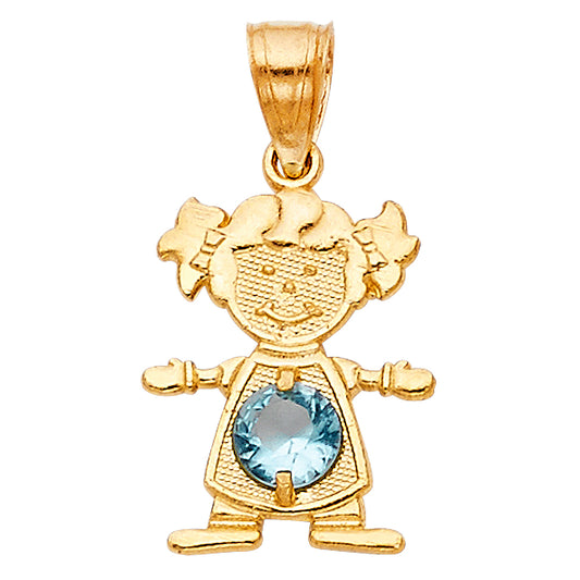 14KT REAL GOLD GIRL PENDANT WITH MARCH BIRTH STONE