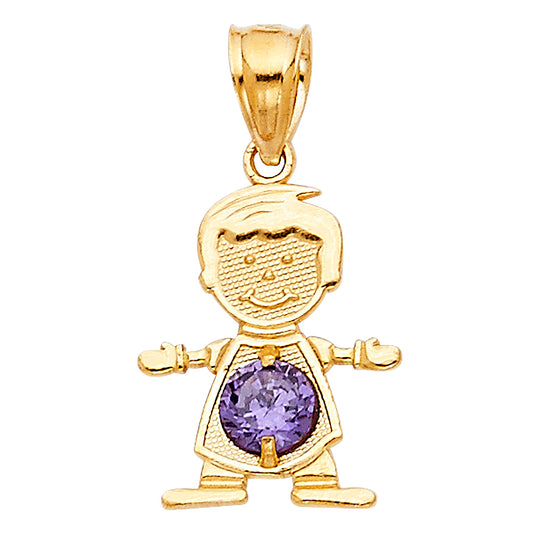 14KT REAL GOLD BOY PENDANT WITH FEBRUARY BIRTH STONE
