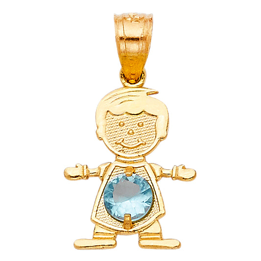 14KT REAL GOLD BOY PENDANT WITH MARCH BIRTH STONE