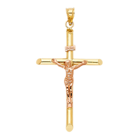 14kt Real Gold Cross with Rose Gold Jesus and "INRI" plaque