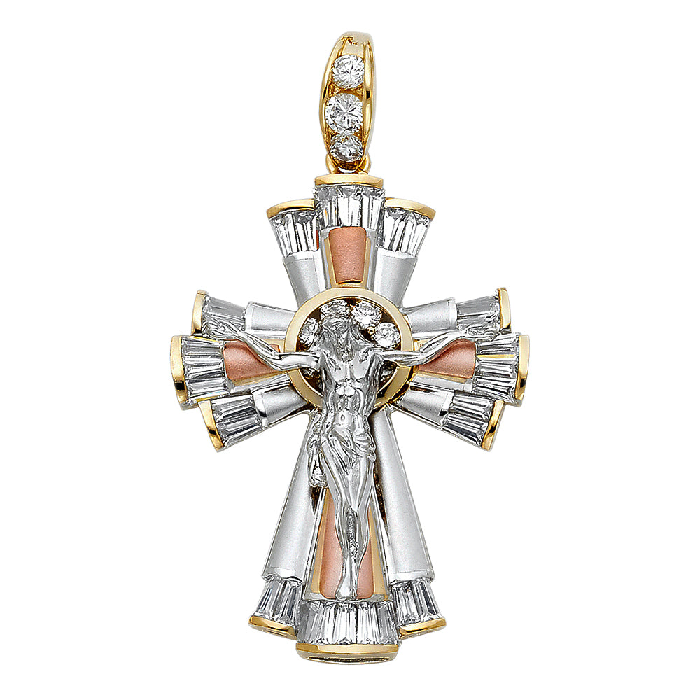 14kt Real Gold Tricolor Crucifix with Cubic Zirconia Pendant